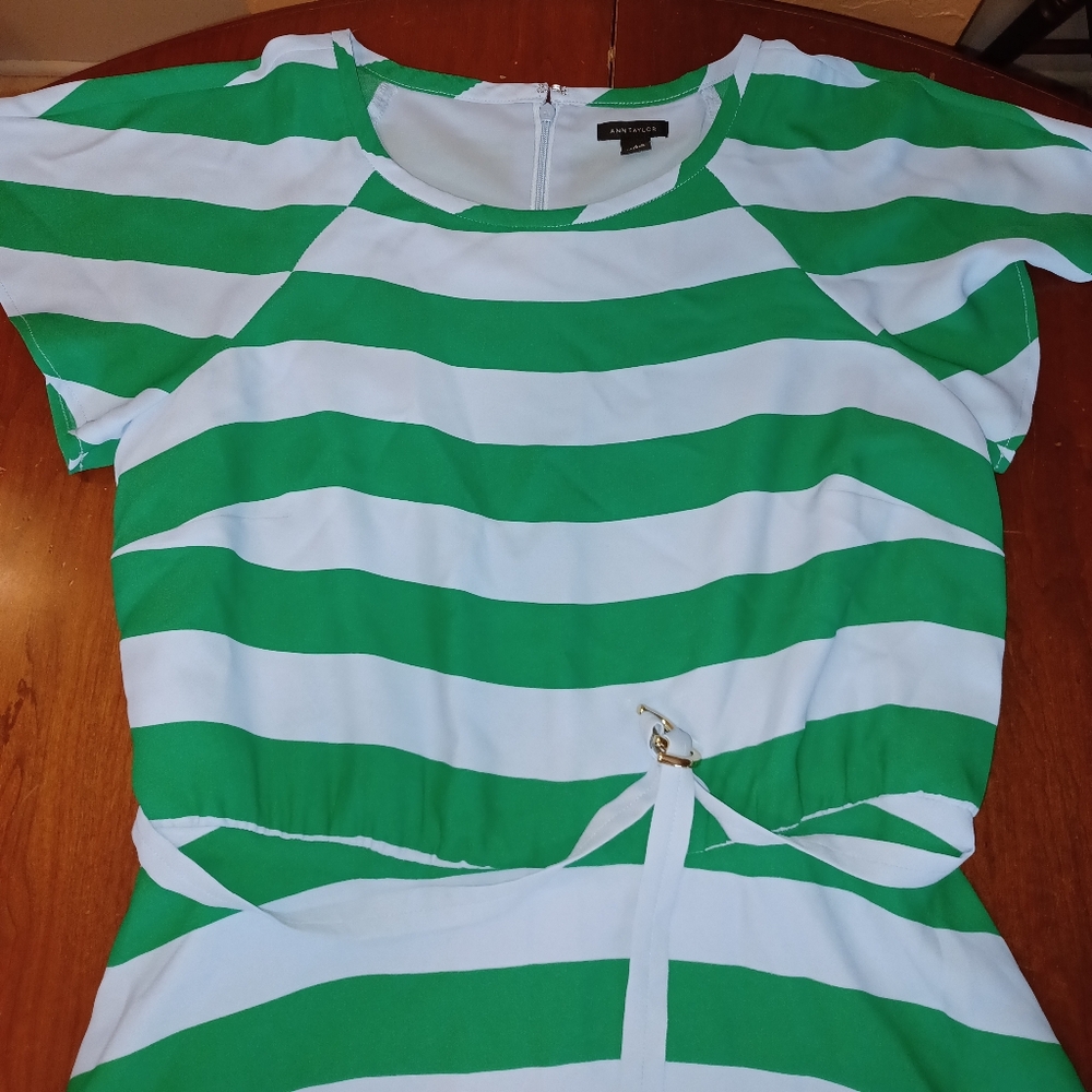 Ann Taylor Green White Striped Dress Sz 6